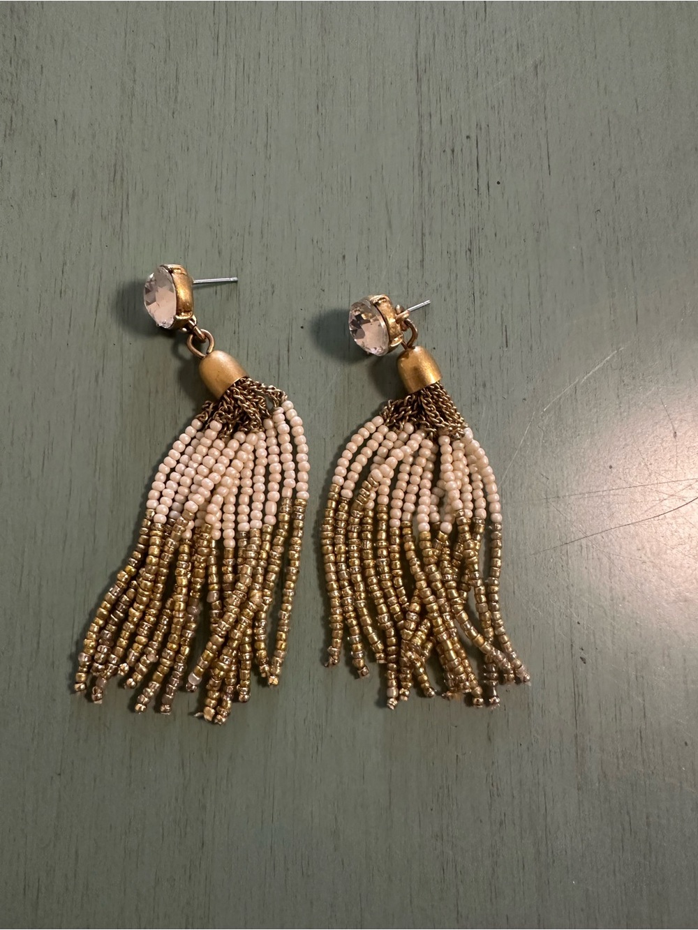 J. Crew Factory Gold and Cream Beaded Tassel Earrings